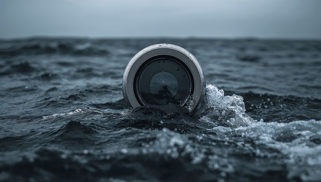 Floating metallic camera lens bobbing in choppy ocean with water droplets and horizon