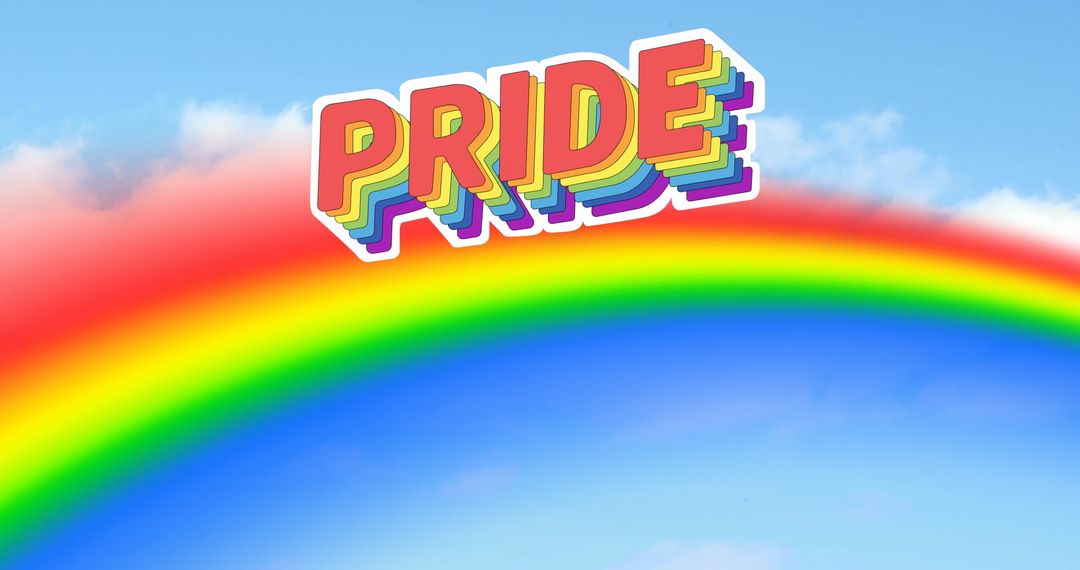 Pride Text with Vibrant Rainbow and Clouds Background