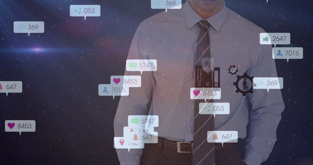 Businessman Surrounded by Digital Social Media Icons and Indicators