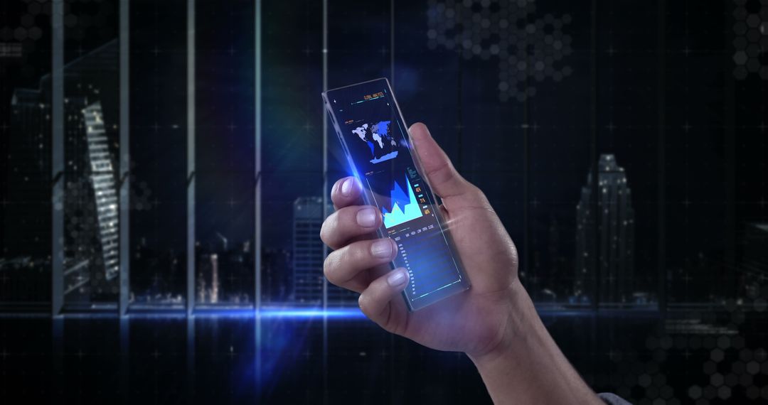 Futuristic Transparent Smartphone with Digital Graphs in Urban Background