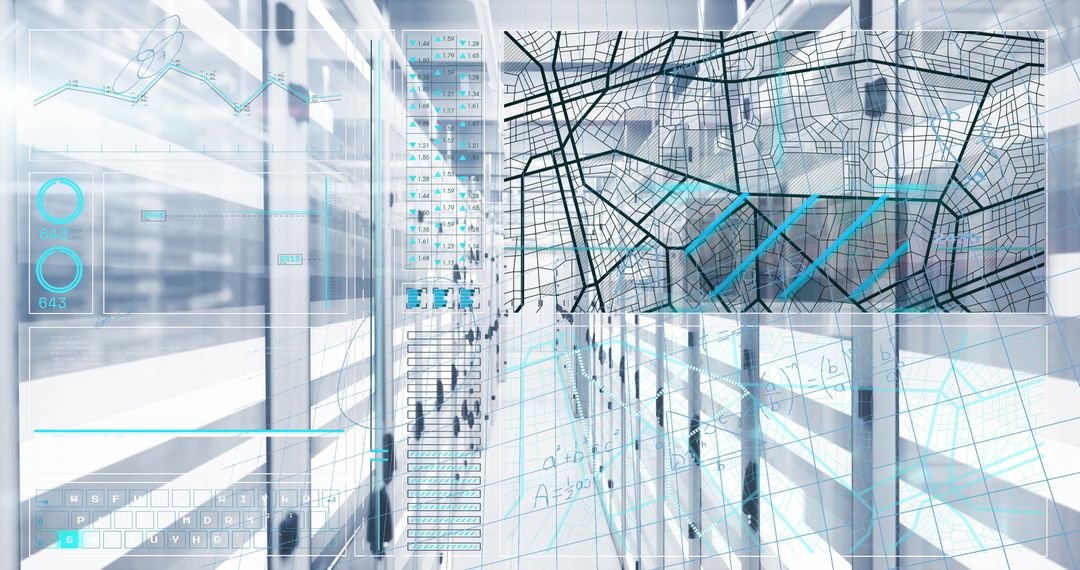 Futuristic User Interface with Data Visualization in Server Room