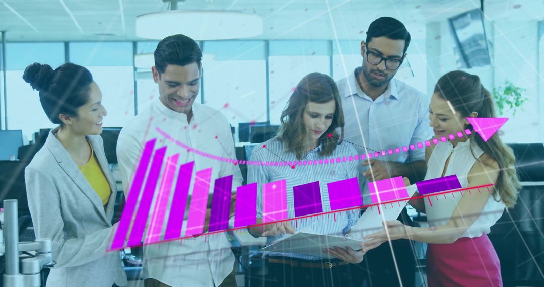 Business Team Analyzing Virtual Financial Graphs in Corporate Office