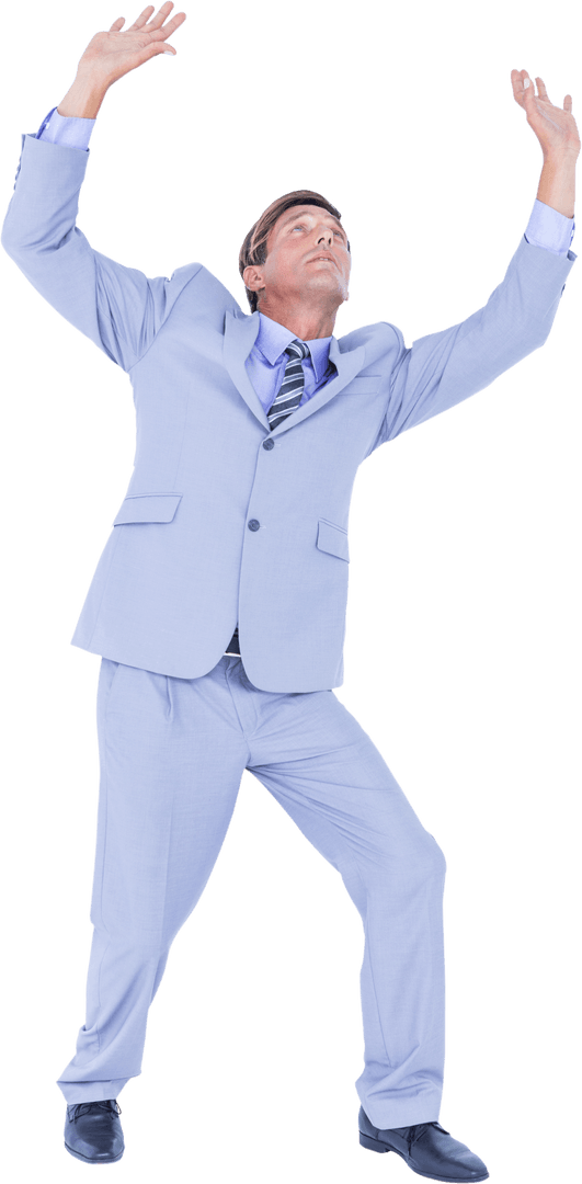 Transparent Businessman Appearing Anxious with Raised Hands