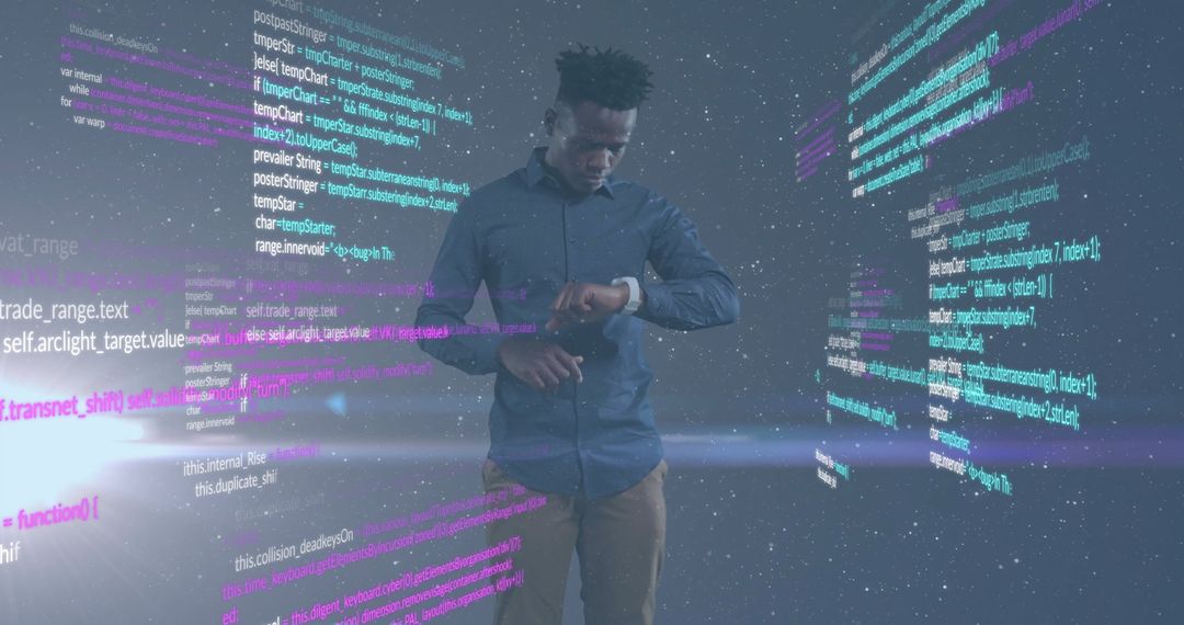 Futuristic Businessman Analyzing Data on Smartwatch with Digital Interface