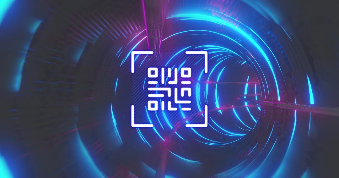Futuristic QR Code with Neon Tunnel and Cybersecurity Theme