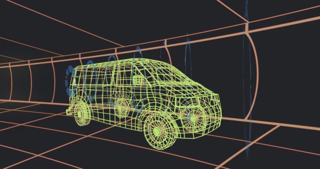 Wireframe Minivan Simulation in Futuristic Wind Tunnel