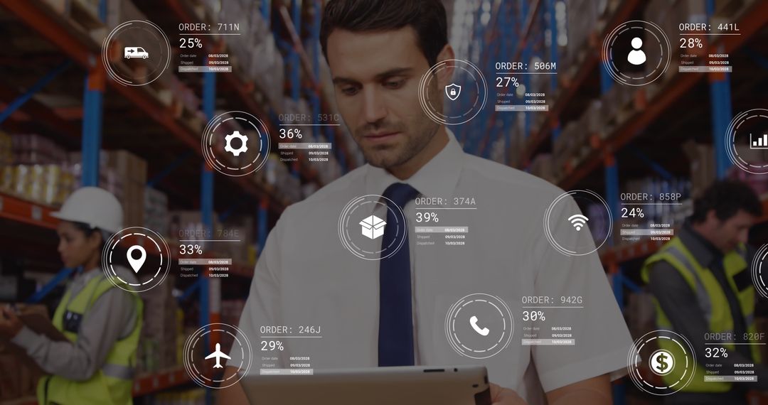Warehouse Supervisor Analyzing Digital Logistic Data on Tablet