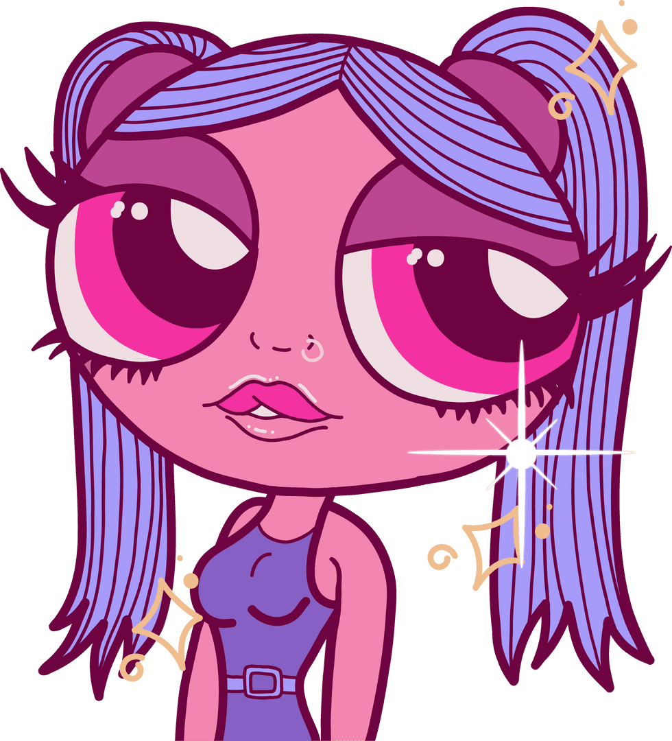 Whimsical Cartoon Girl on Transparent Background with Golden Sparkles