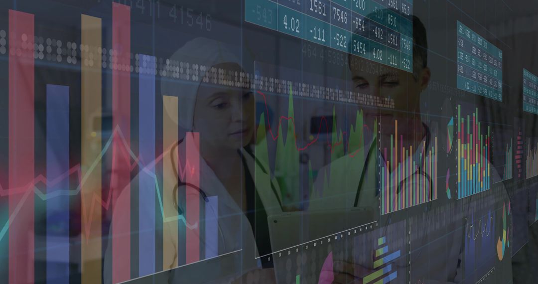 Medical Team Analyzing Data Charts in Hospital Corridor