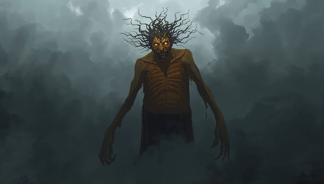 Menacing Creature Emerging from Fog with Glowing Eyes