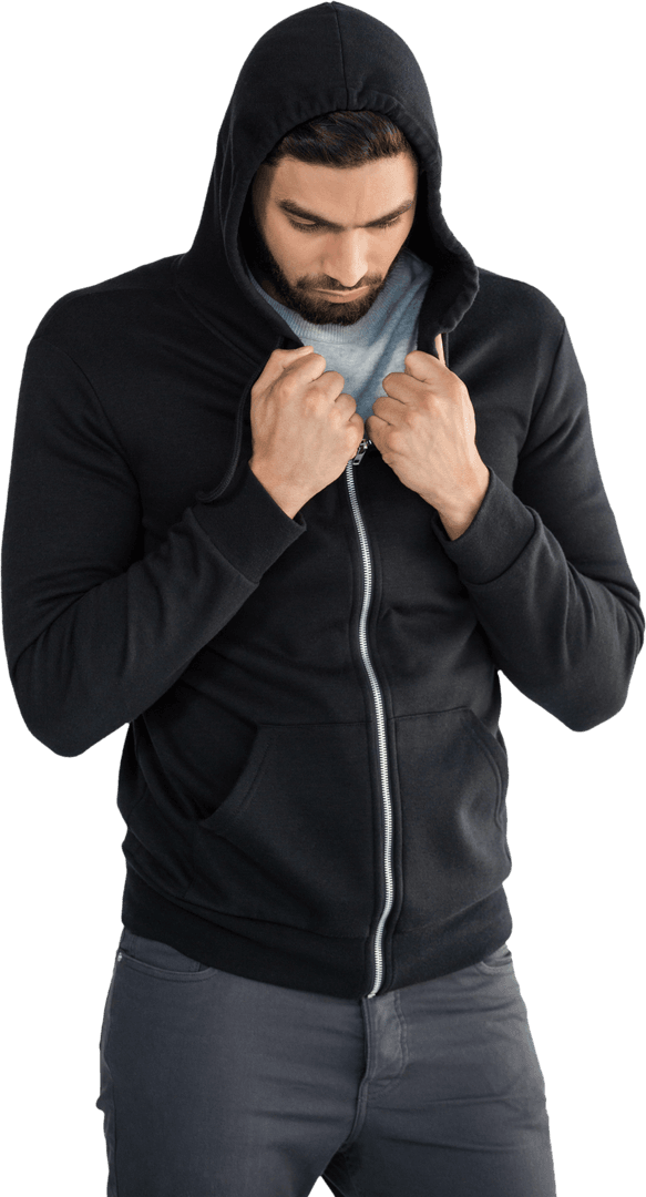 Caucasian Man Wearing Black Hoodie on Transparent Background