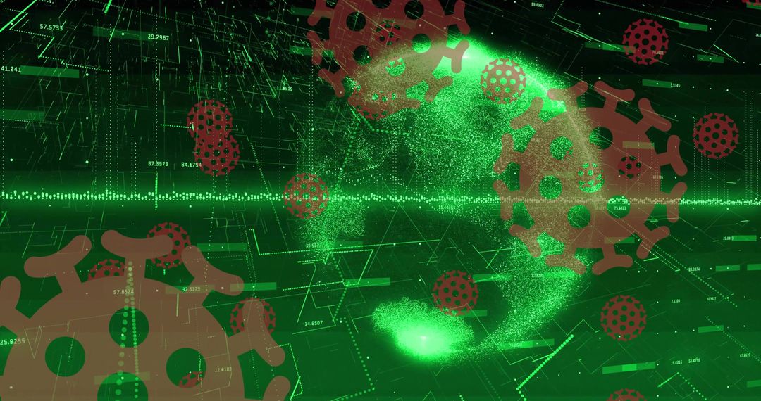 Floating Virus Symbols on Digital Data Visualization Background