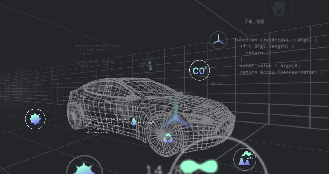 Futuristic 3D Car Model with Overlaid Engineering Codes