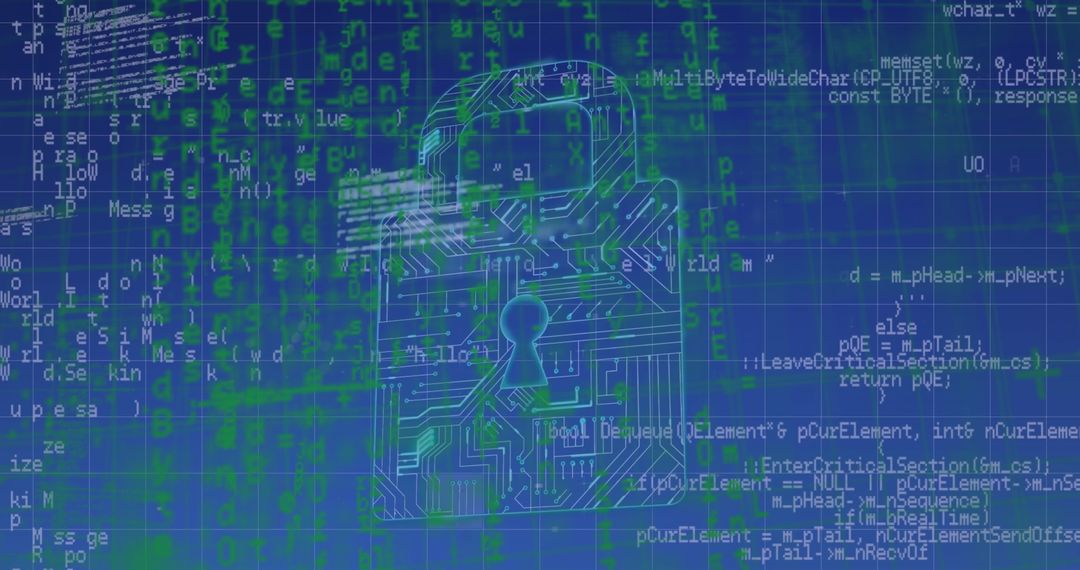 Digital Padlock with Code Overlay Illustrating Cybersecurity Concepts