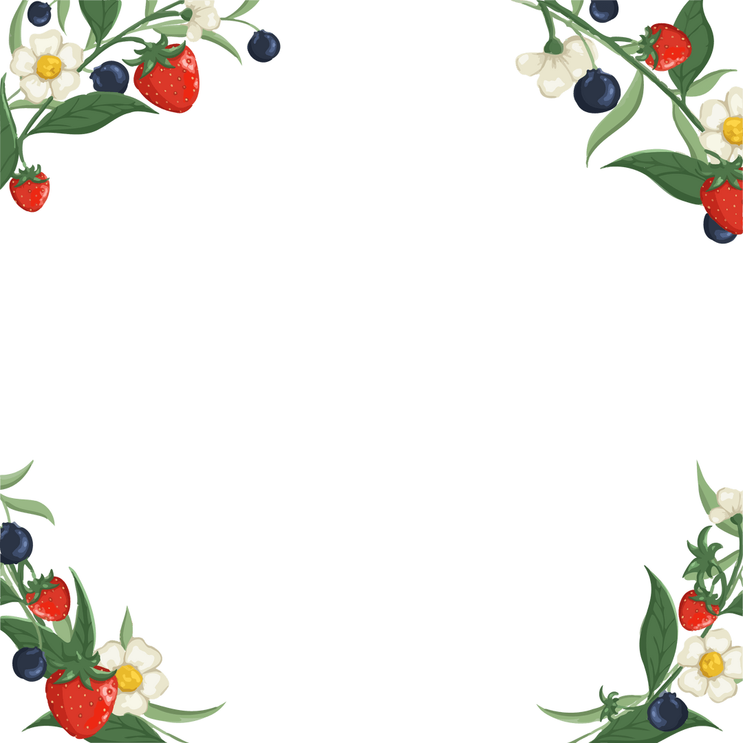 Elegant Strawberry Blueberry Floral Border on Transparent Background