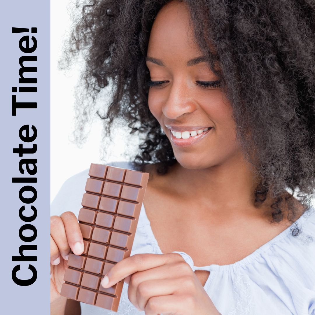 Smiling Woman Enjoying Chocolate Bar