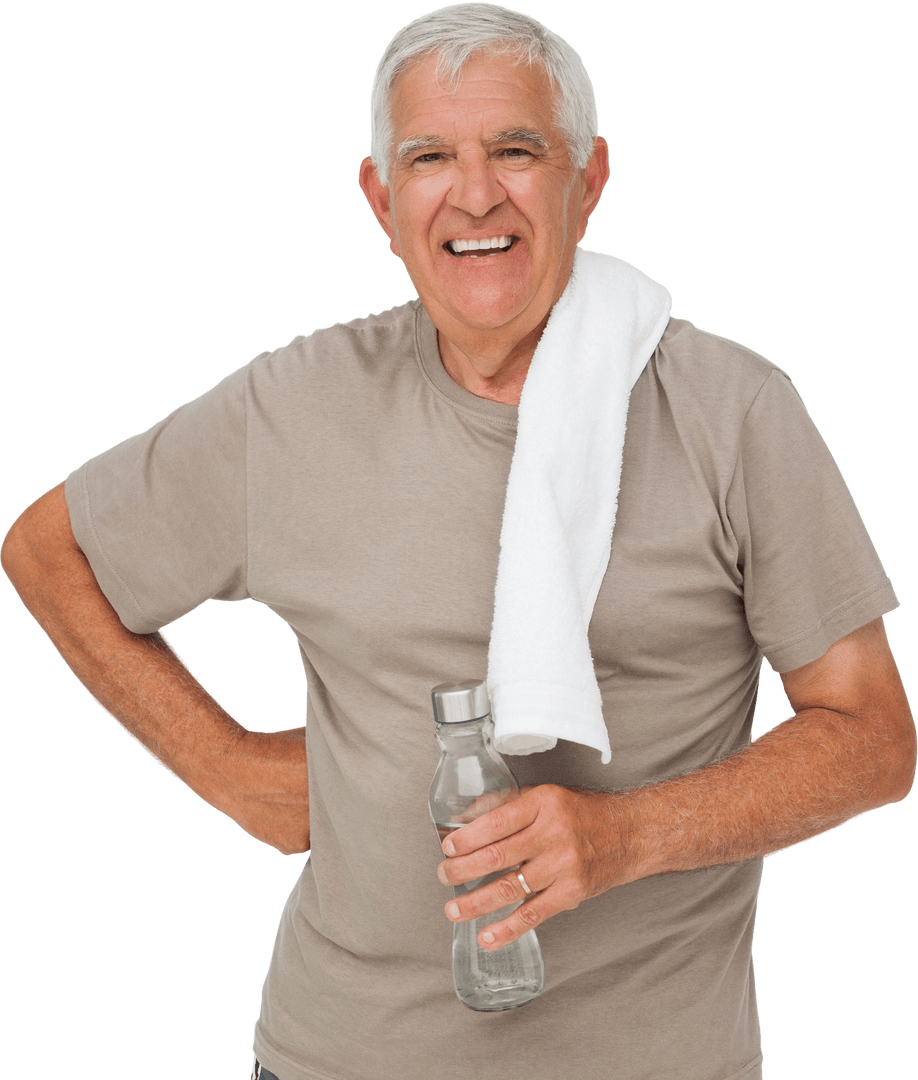 Senior Man with Water Bottle Wearing Relaxed Expression Transparent
