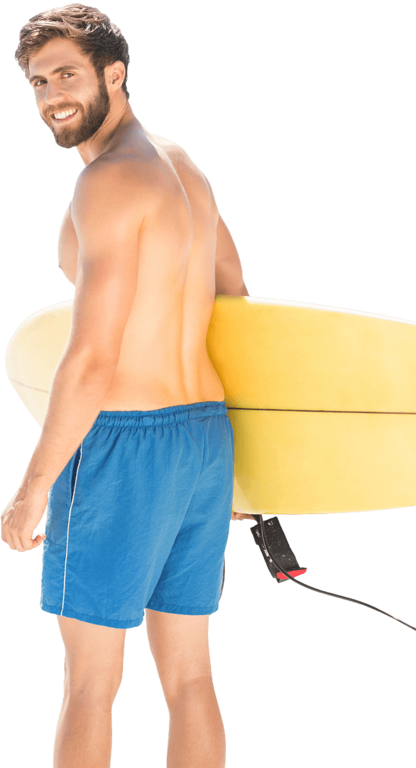 Smiling Surfer Holding Surfboard on Transparent Background