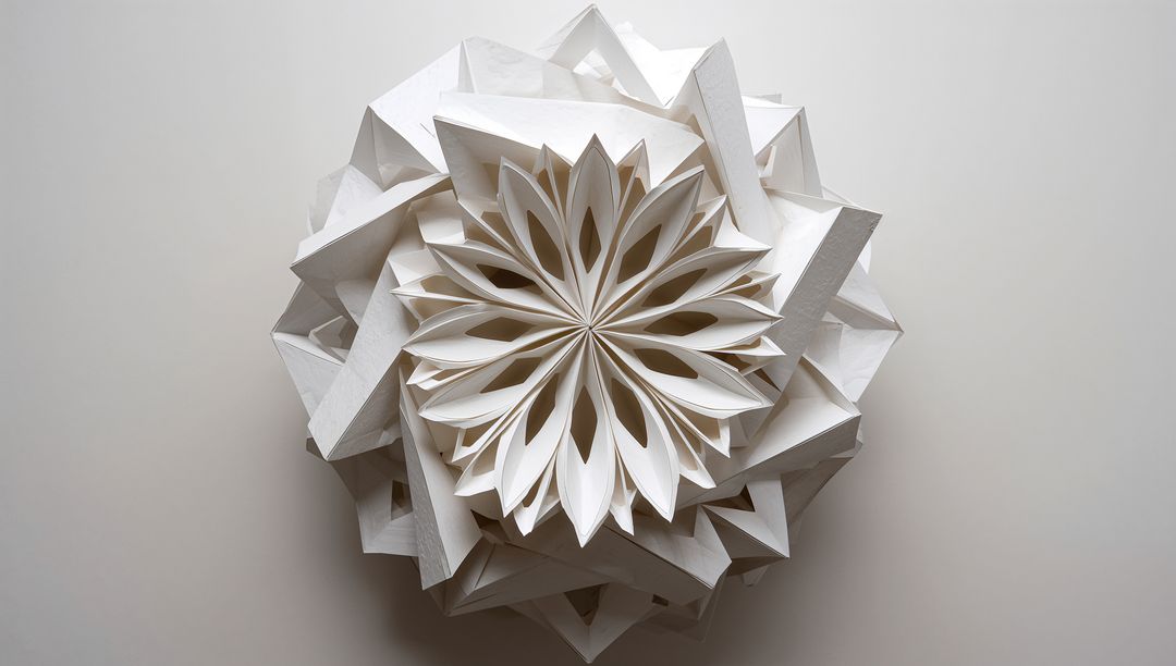 Modular white paper kusudama sculpture featuring radial floral rosette and angular panels