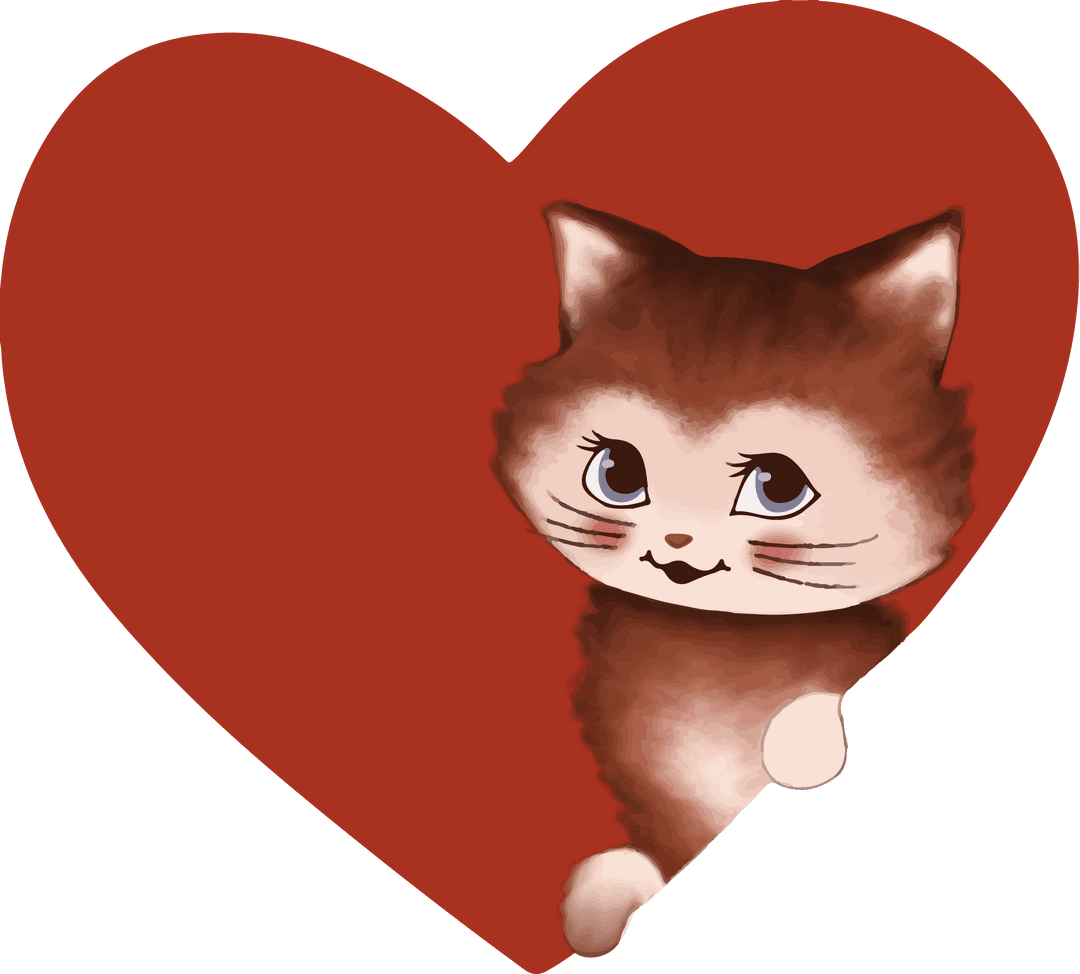Adorable Kitten Peeking Behind Red Heart on Transparent Background