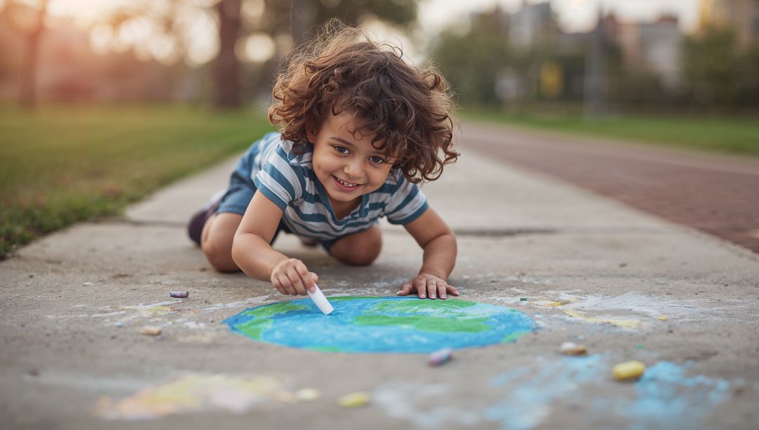 Curly-Haired Child Drawing Globe with Chalk at Parkside