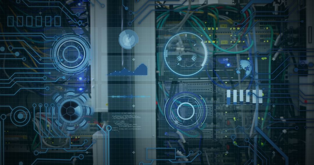 Futuristic Digital Interface Overlay in Empty Office Environment