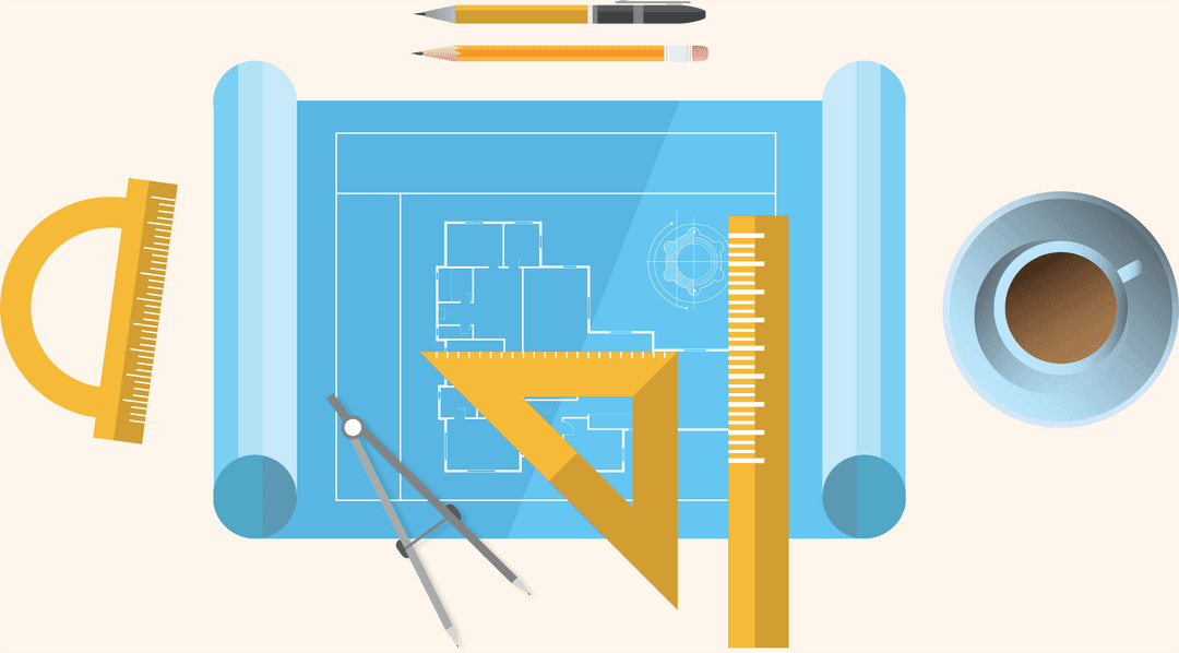 Architectural Blueprint with Drawing Tools and Coffee on Transparent Background