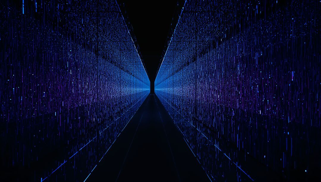 Glowing Neon Corridor Receding Toward Central Light in Mirrored Futuristic Data Tunnel