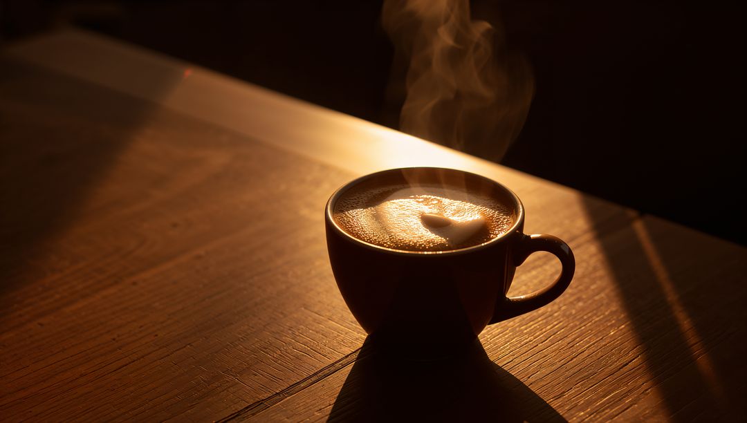 Steaming Latte with Heart Foam Sitting in Sunlit Ceramic Mug on Wooden Table