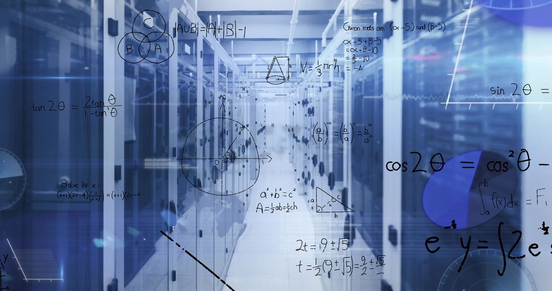 High-Tech Data Center Aisle with Mathematical Diagrams Overlay