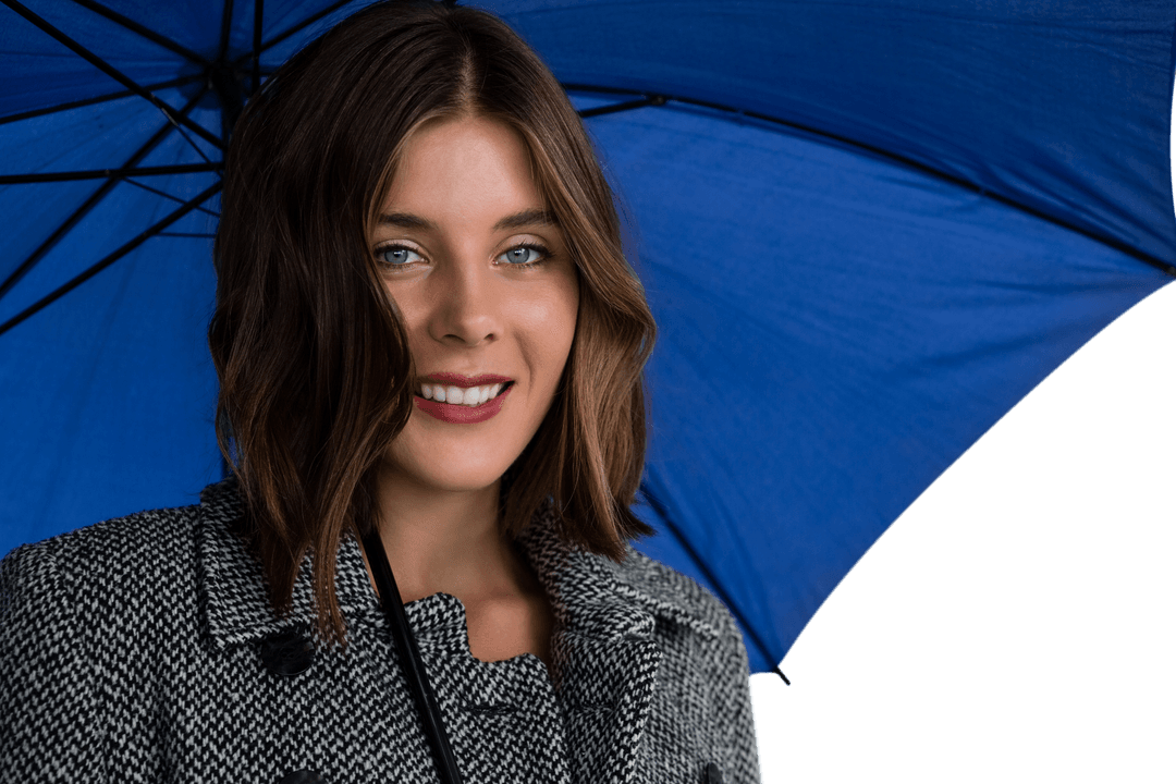 Smiling Woman with Transparent Blue Umbrella Close-Up Portrait