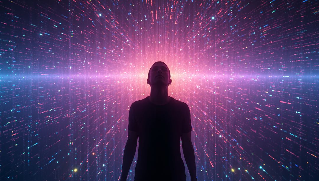 Standing silhouetted man gazing into neon digital data tunnel of glowing pixels