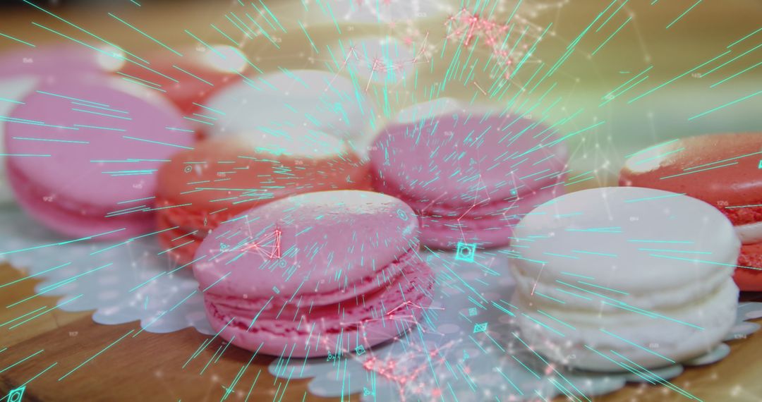 Colorful Macarons with Futuristic Digital Design Overlay