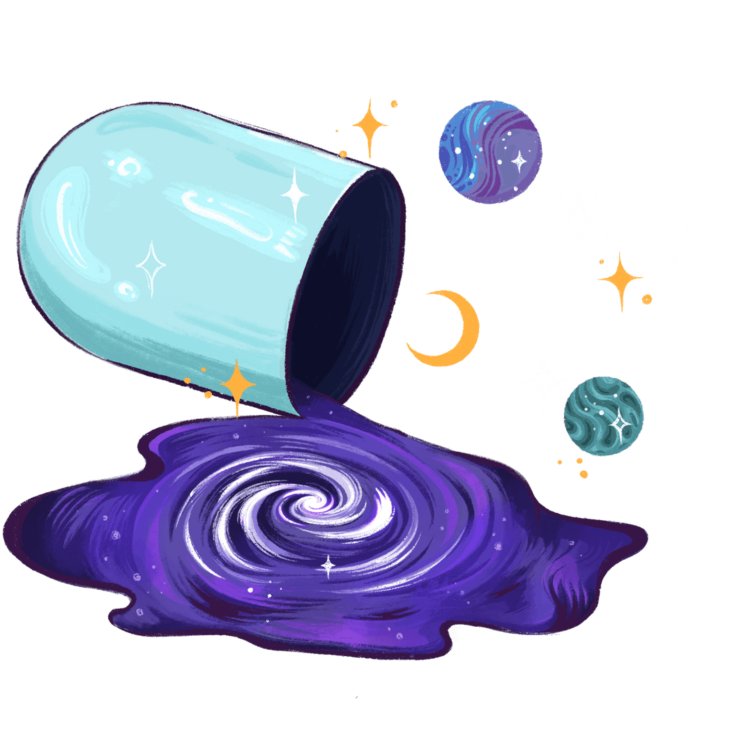 Transparent Cosmic Spill with Planets and Moon Surreal Design