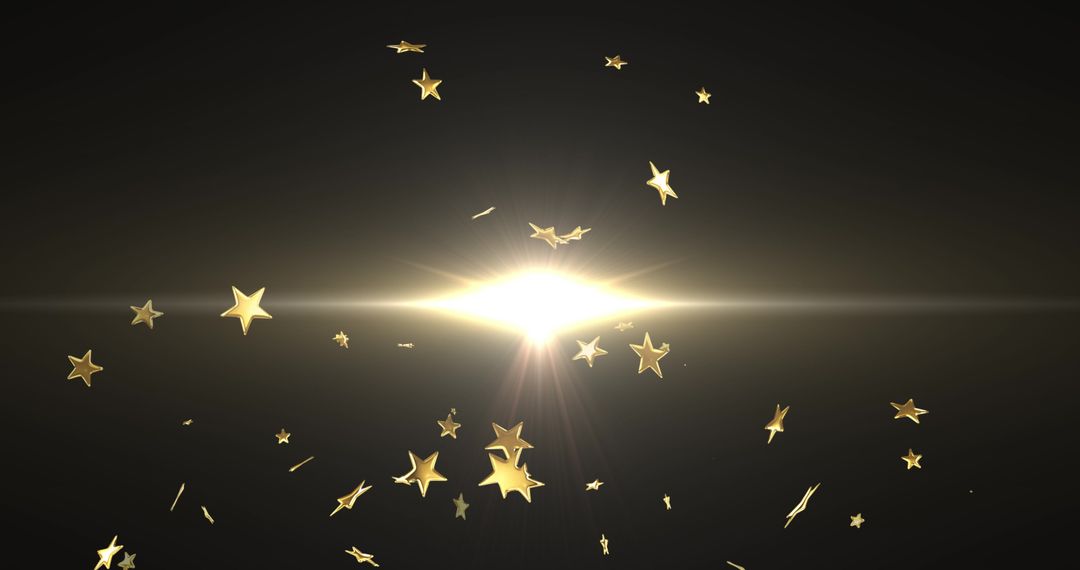 Golden Stars and Burst of Light on Dark Background