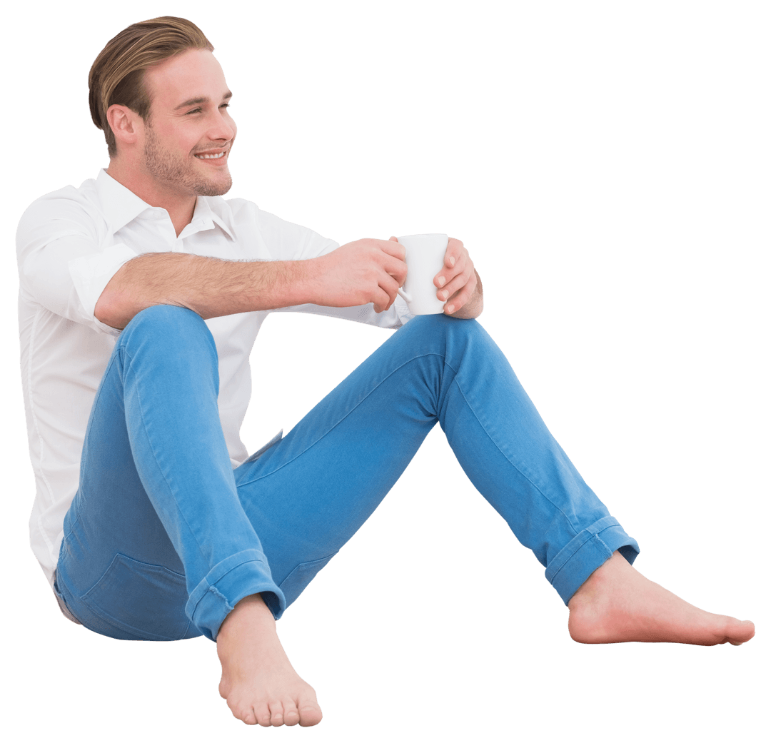 Smiling Man Relaxing with Coffee in Transparent Background