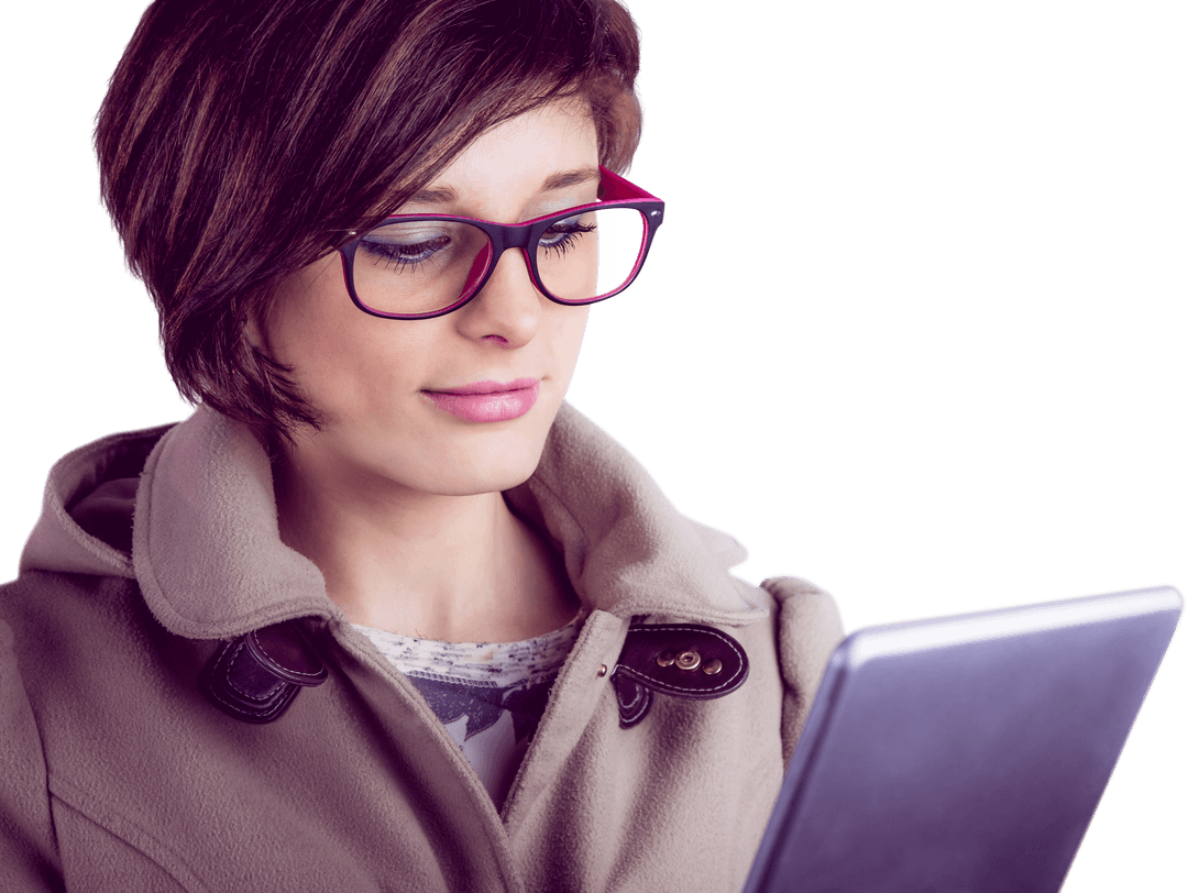 Transparent Woman with Glasses Using Tablet Casual Attire