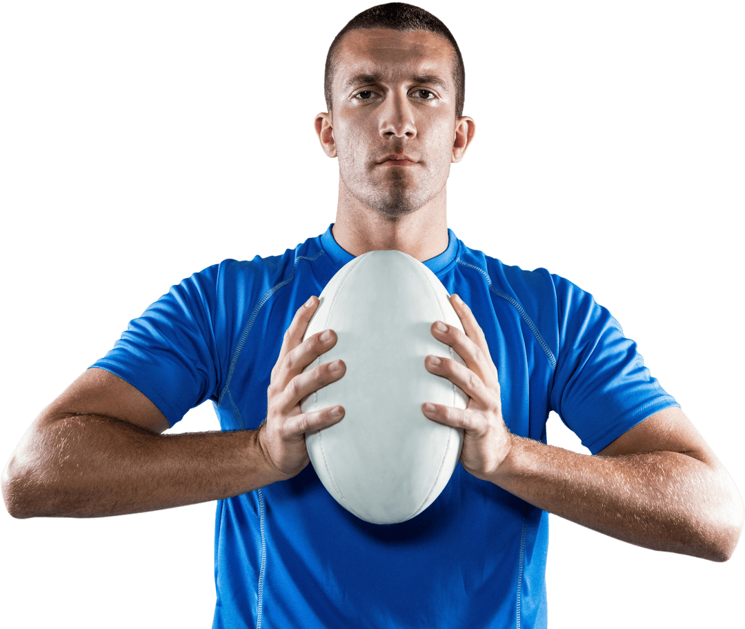 Transparent Athlete Holding Rugby Ball with Blue Kit