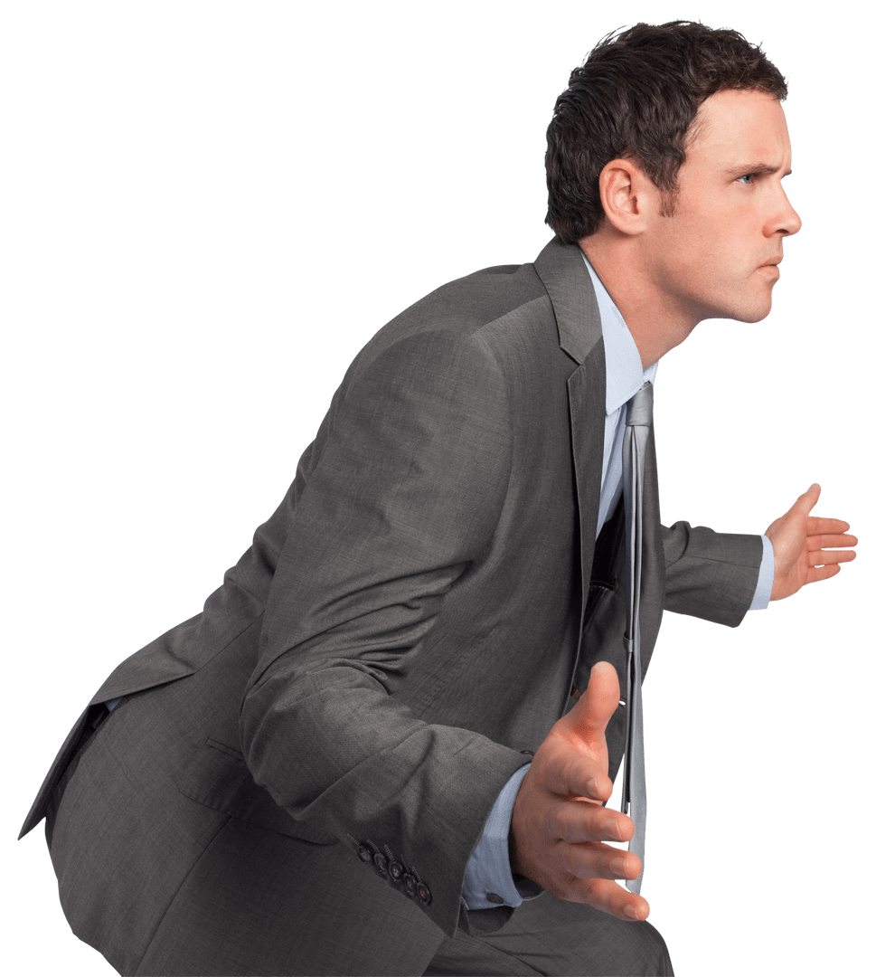 Confident Businessman in Gray Suit Displaying Assertive Gesture Transparent