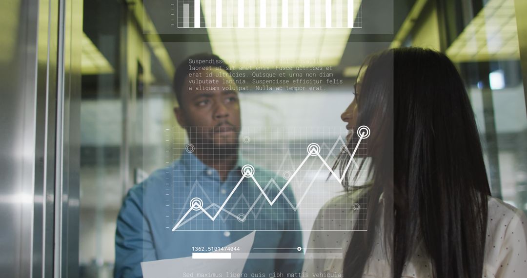 Diverse Colleagues Discuss with Data Overlay Office Concept