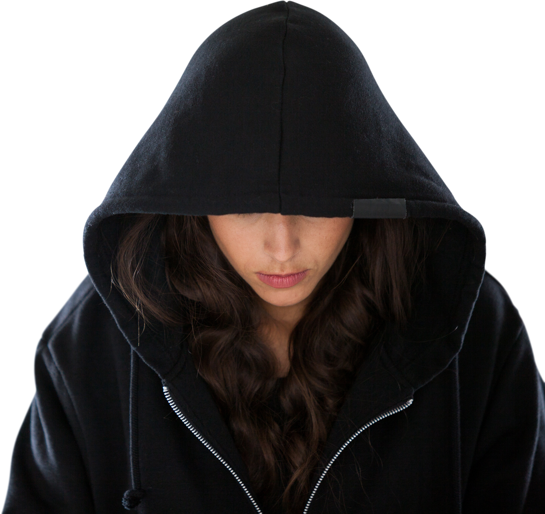 Transparent Female Spy Standing in Black Hoodie Downcasting Hood - Download Free Stock Images Pikwizard.com