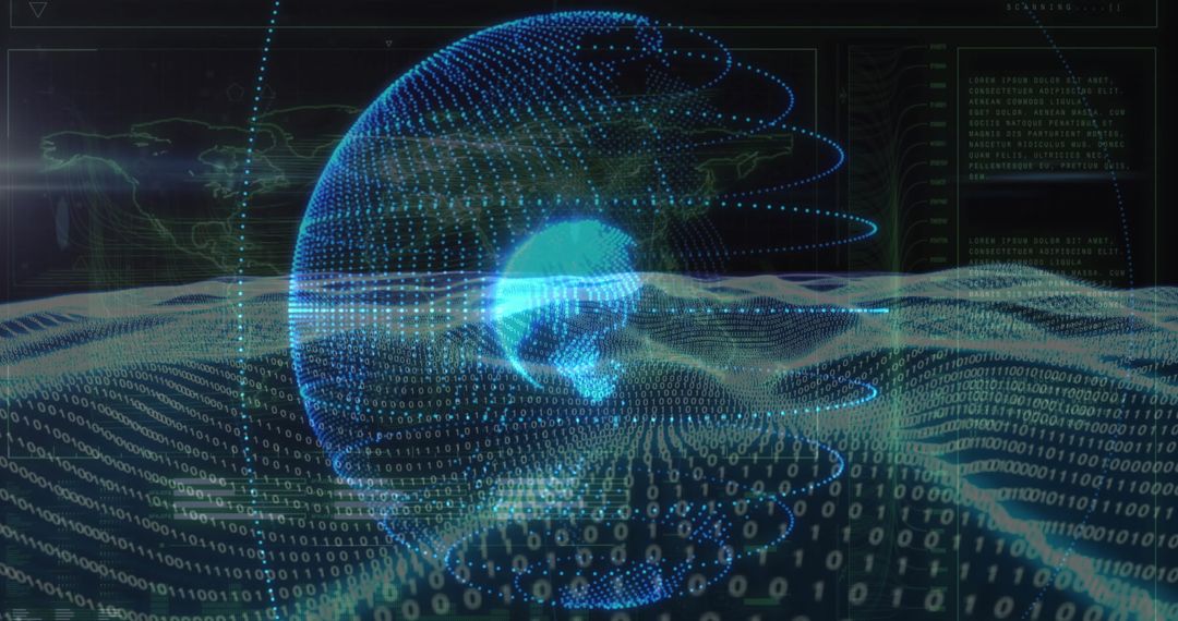 Futuristic 3D Globe in Digital Cyberspace with Binary Code Lines