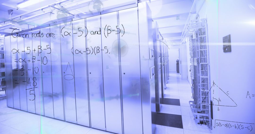 Futuristic Server Room with Mathematical Overlay Illustrating Data Technologies
