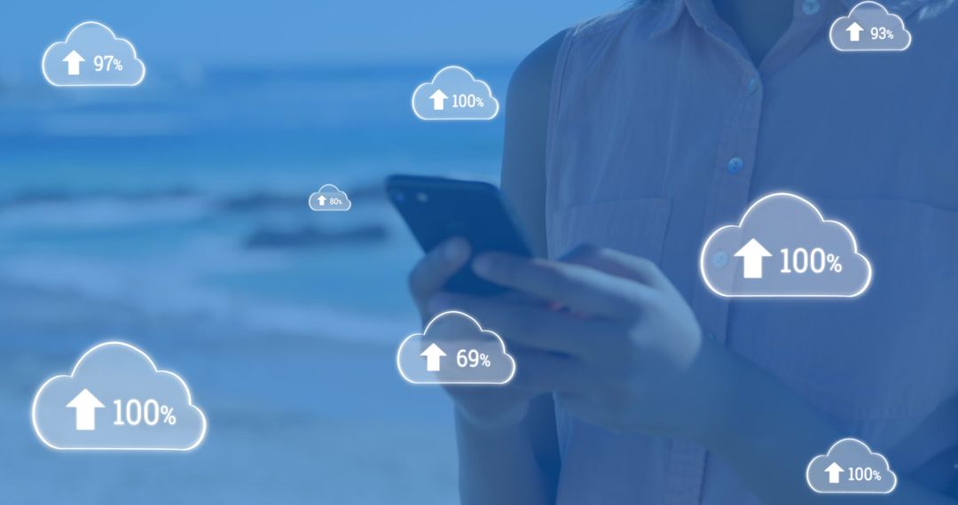 Smartphone User Connected to Cloud Data Network by Beach