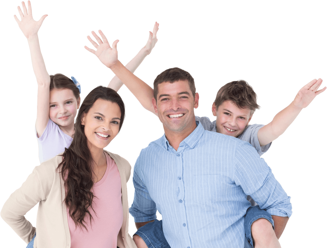 Cheerful Family Posing with Parents Giving Piggyback Rides On Transparent Background
