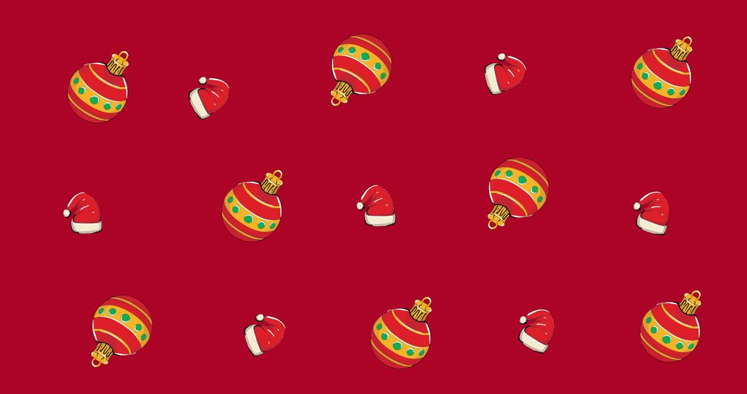 Festive Christmas Hats and Baubles Pattern on Red Background