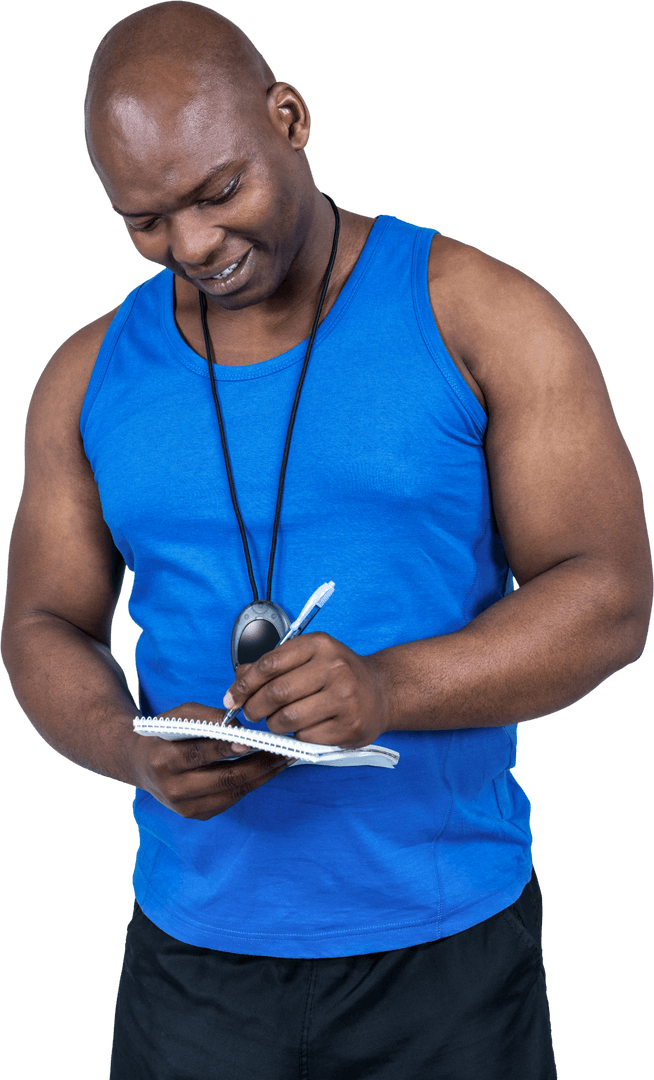 Transparent Athletic Trainer Writing Notes on Notepad