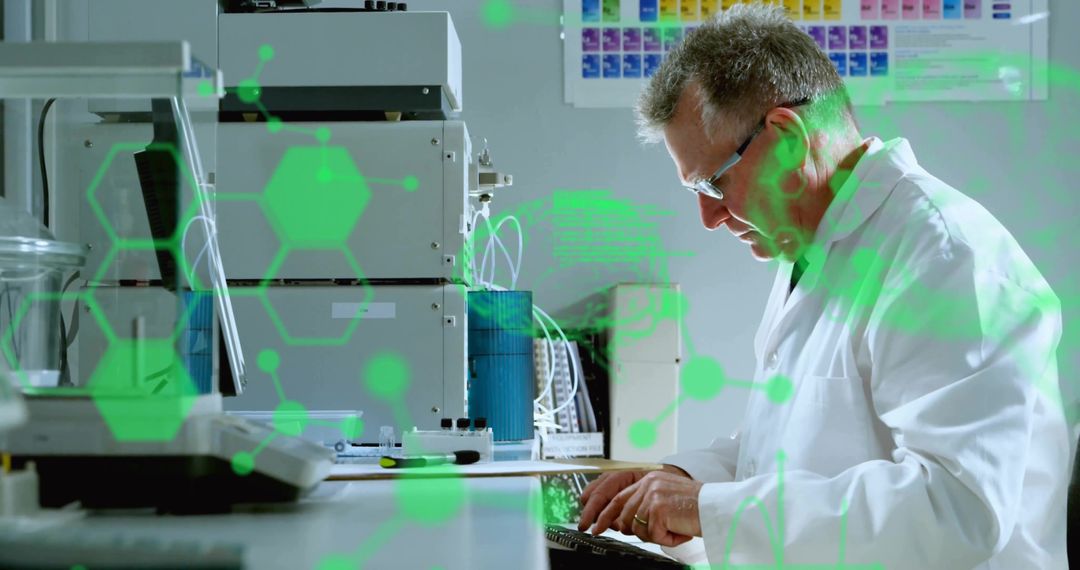 Typing scientist entering data at lab workstation with analytical gear and molecular HUD