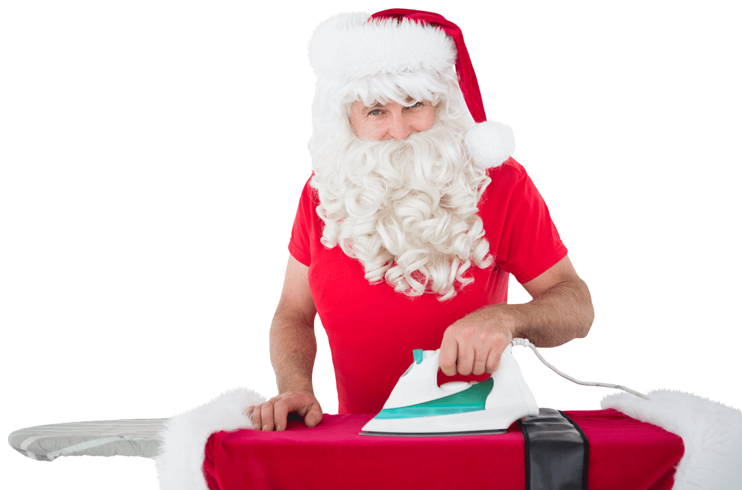 Santa Claus Ironing Red Cloth on Transparent Background