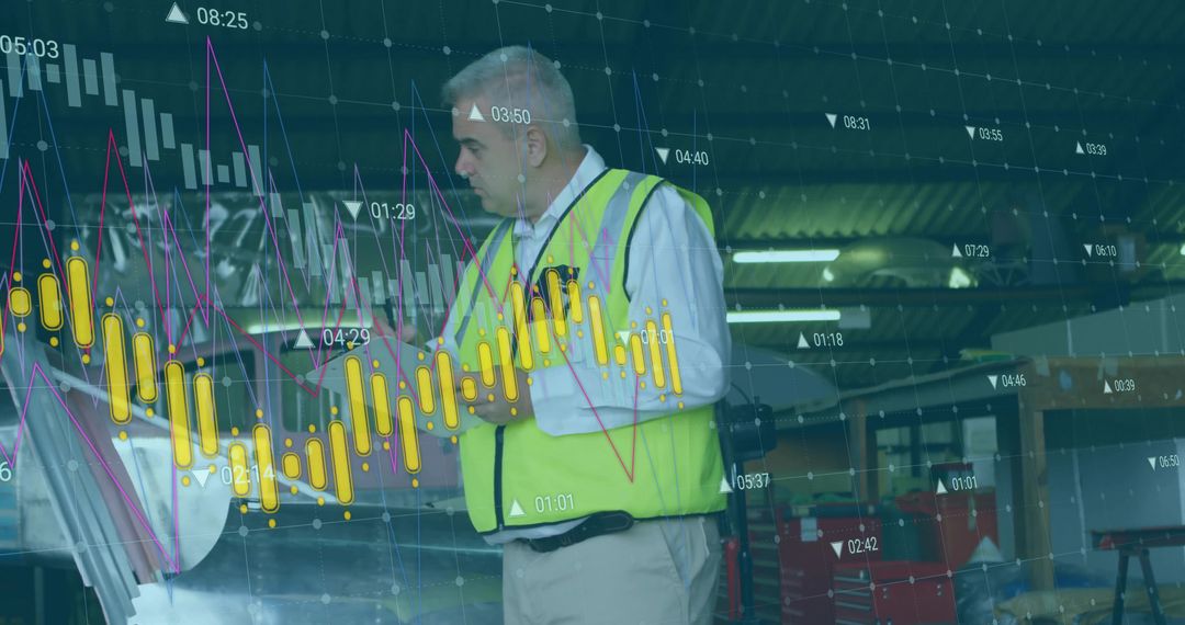 Senior Mechanic with Data Overlay Examines Engine Bay in Garage